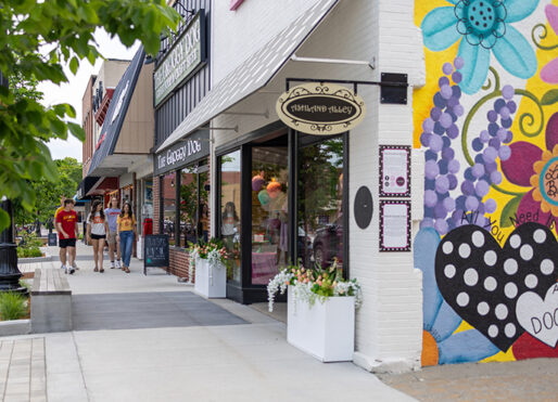 Students walking in downtown Indianola, Iowa