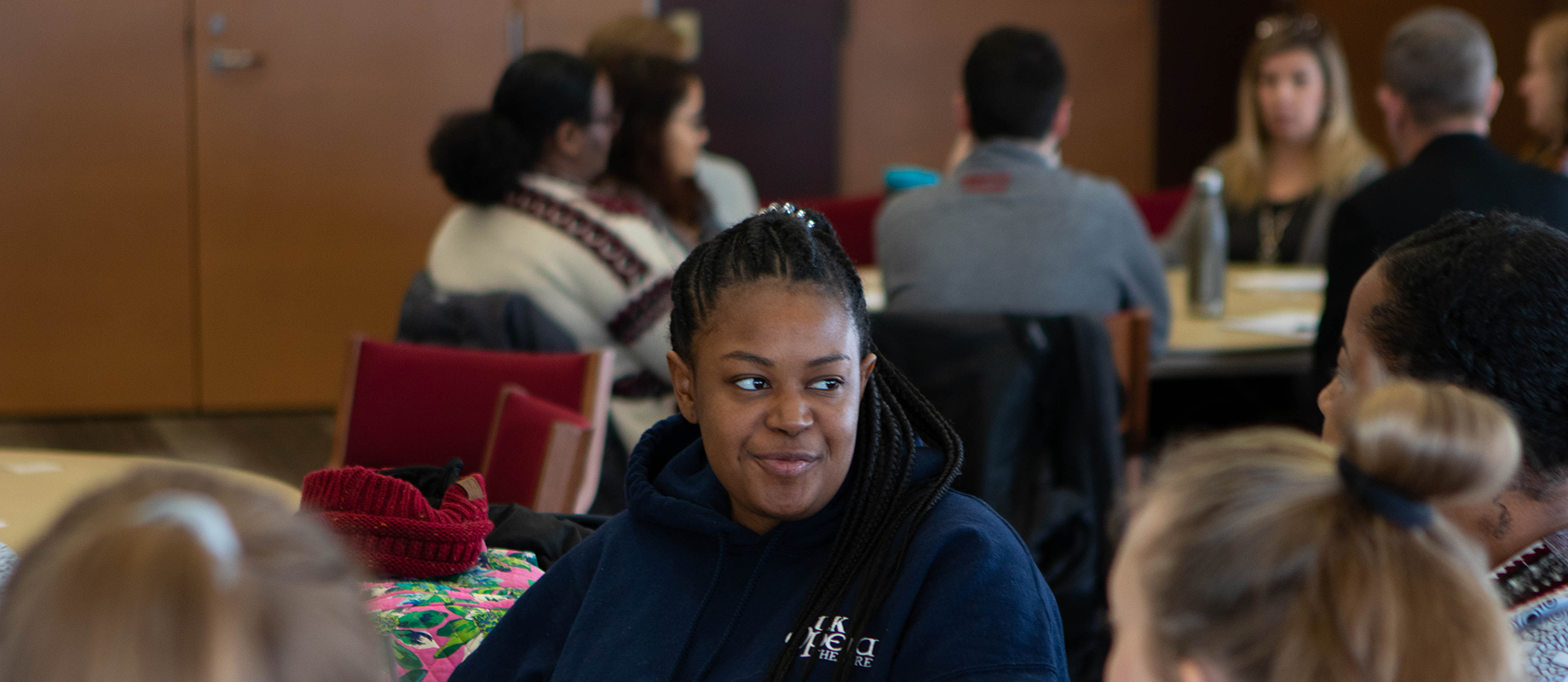 A student participates in the Simpson Dialogue Series.