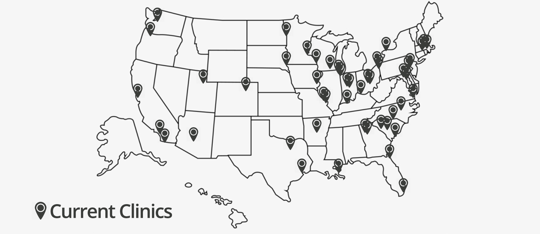 Map showing locations of Down syndrome specialty care clinics in the United States