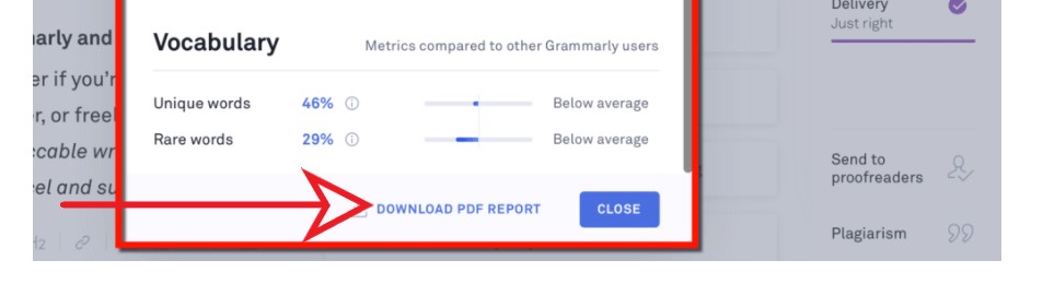 Grammarly download PDF report button