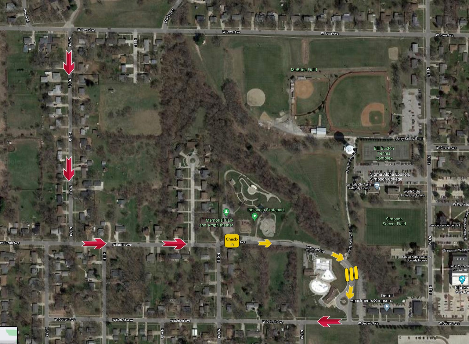 Map of the COVID-19 vaccine clinic sponsored by Simpson College, the City of Indianola and Hy-Vee Pharmacy.