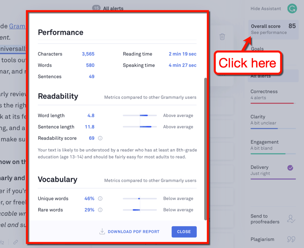 Grammarly Overall score and PDF report button